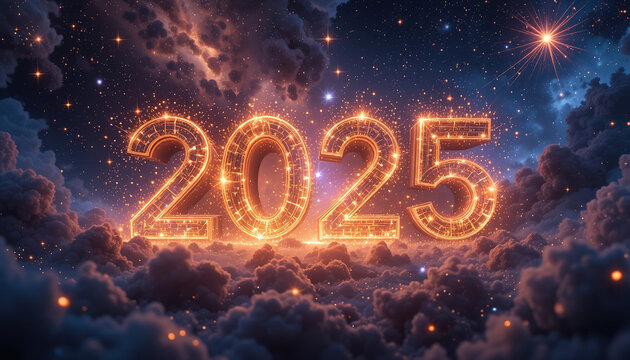 Cosmic 2025: Surreal Space Scene with Glowing Stardust and Nebulae for New Year Celebration