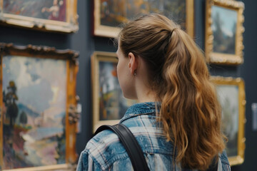 Generative AI Artwork of a Person Observing Paintings in an Art Gallery for Study and Excursion