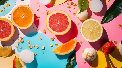 Assorted citrus fruits on a pastel pink backdrop