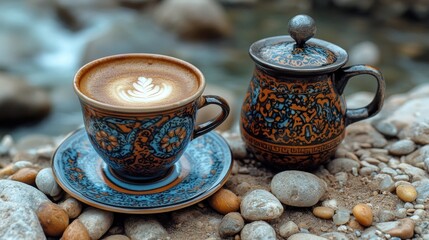 Fototapeta premium Latte art in ornate cup by stream.
