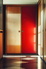 Room with Red Door and Brown Cabinets