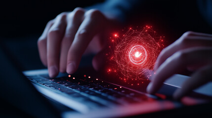 Hands interacting with a laptop displaying a holographic warning message, emphasizing online security and technological vigilance laptop, holographic warning, online security, hand