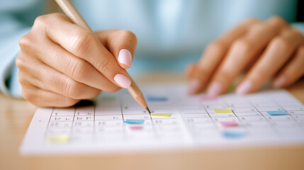A person marking important dates on a desk calendar with colorful notes, symbolizing organization and efficient time management desk calendar, marking dates, time management, organ