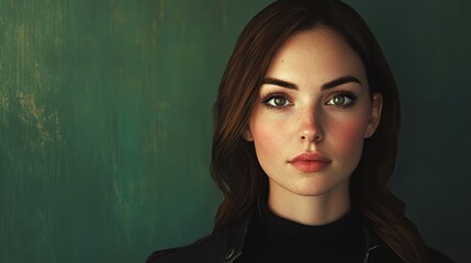 Portrait of a Young Woman with Expression Against Green Background