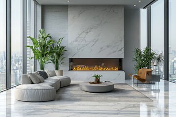 Elegant luxury living room with high fidelity design urban cityscape digital render modern aesthetic interior view