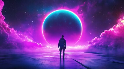 Fototapeta premium Silhouetted Figure Contemplates Vibrant Cosmic Ring: Futuristic Digital Painting. AI Generated