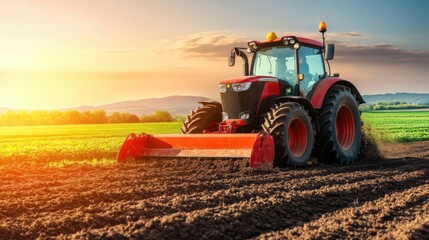 Fototapeta premium Farming Tractor Plowing in Early Morning Light