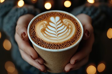 Barista crafting latte art coffee shop closeup photography cozy environment artistic perspective skillful techniques