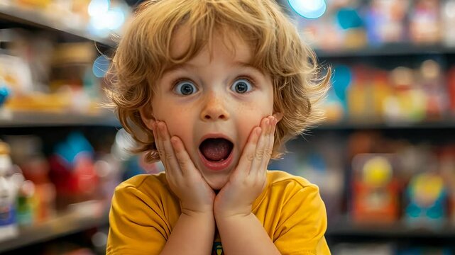 Surprised delighted face of a child against the background of shelves with many toys. Boy in a toy store. Emotional portrait of a kid. 