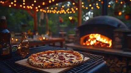 Delicious Pepperoni Pizza Cooked Outdoors at Night