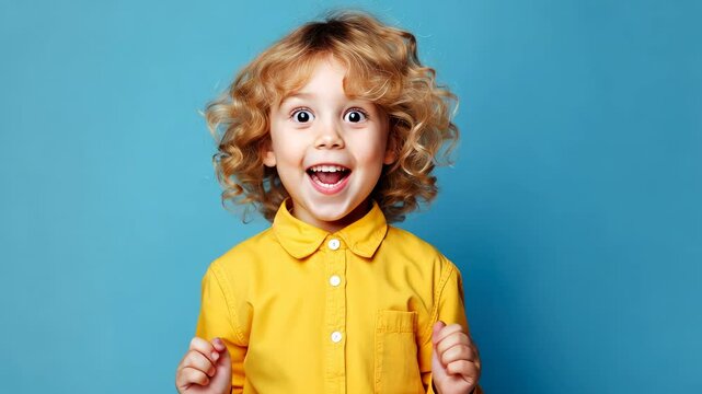 surprised excited curly child with emotional face in yellow shirt on blue background, happy kid rejoices, shocked boy