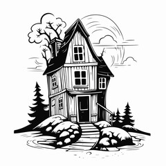 Monochrome vector illustration of a small house building in a minimalist style