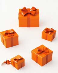 A delightful arrangement of various orange gift boxes with shiny bows, perfect for festive occasions.