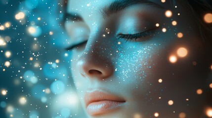 Peaceful woman with glowing skin and dreamy atmosphere