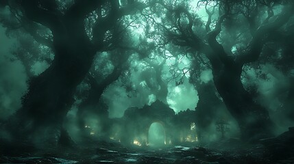Enigmatic ruins hidden within a mystical, fog-laden forest at night, illuminated by an ethereal glow.