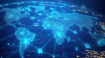 A digital world map glowing in blue, showcasing global connectivity and data flow.