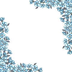 A frame of forget-me-nots flowers. A hand-drawn watercolor illustration in vintage style. Highlight it. For greeting cards and birthday or wedding invitations. For packaging, labels and posters.