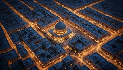 Fototapeta premium Golden Dome Mosque Night Aerial View Cityscape Illuminated Streets