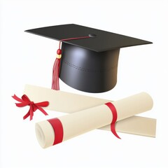 A classic black graduation cap with a red tassel beside two rolled diplomas tied with red ribbons.