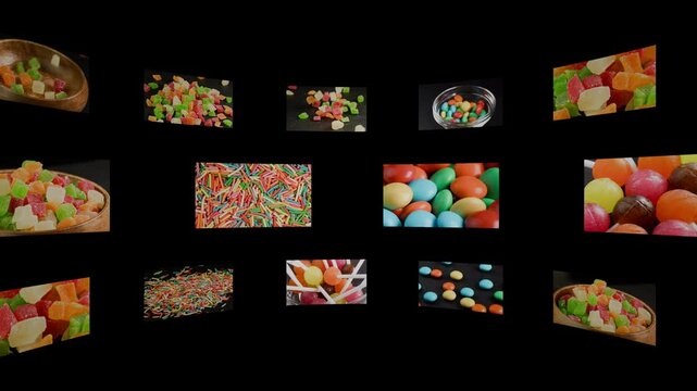 Collage of rotating screens with video of various sweets with alpha channel. Concept of multicolored sweets for embedding in video during editing. Multicolored gummy candy jelly confectionery