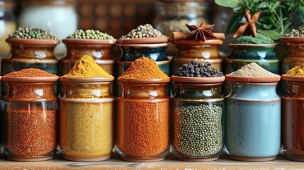 Vintage Ceramic Jars Arranged on a Wooden Shelf