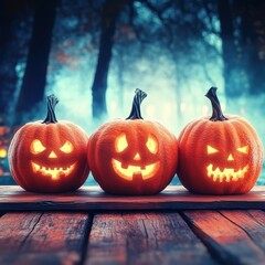 Three carved pumpkins glowing in the dark, showcasing eerie faces, surrounded by a misty forest atmosphere.