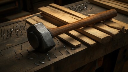 A sturdy wooden hammer resting on a workbench scattered with nails, showcasing craftsmanship and focus on woodworking.