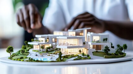 Fototapeta premium Architect's hands meticulously arranging a miniature model of a modern residential complex, featuring illuminated buildings, landscaping, and a pool.