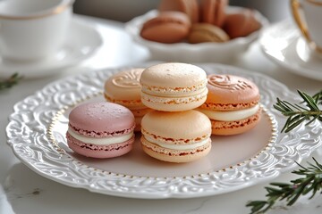 Colorful macarons displayed on fine china gourmet dessert showcase elegant dining room high-resolution viewpoint