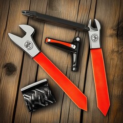 A collection of stylish, modern orange and black tools arranged on a rustic wooden surface.