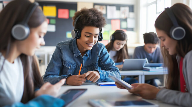 Group of high school students collaborating in a classroom with tablets and headphones, engaging in teamwork and digital learning