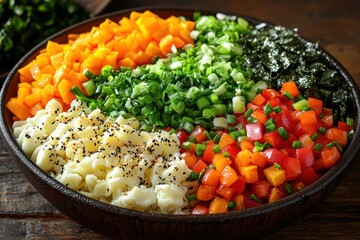 Vibrant vegetable medley bowl kitchen food photography rustic setting close-up culinary art