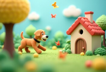 Fototapeta premium A Charming 3D House With A Playful Dog Chasing Butterflies In The Garden
