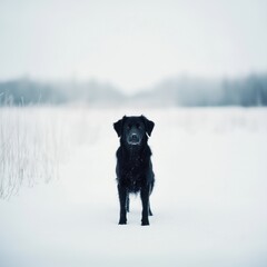 Naklejka premium Black Dog Standing Alone in a Snowy Landscape Under Overcast Sky