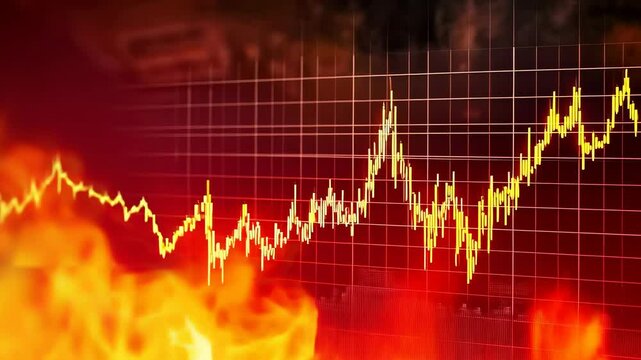 The image captures a fiery backdrop with fluctuating market graphs, symbolizing volatility. The bold flames represent economic uncertainty and rising emotions during trading hours, creating an