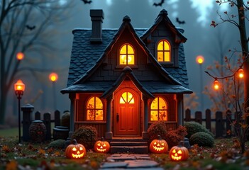 Spooky 3D House with Pumpkin Shaped Door and Halloween Decorations