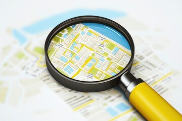 A close-up view of a colorful city map magnified by a large magnifying glass.