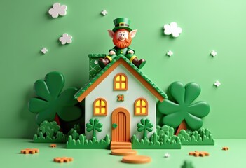 A Festive Leprechaun Adorns a 3D House with Shamrock Decorations for St Patricks Day