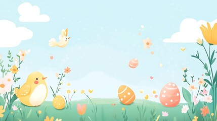 Fototapeta premium Charming Easter Illustration: Joyful Chick & Eggs in Spring Meadow. AI Generated