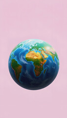 Global warming, the concept of planet earth in a pan o n pastel pink background, colorful, with white tones