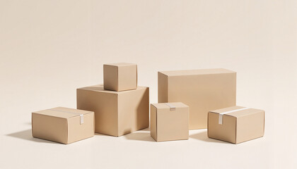A collection of kraft paper box layouts of different sizes and shapes with soft shadows on neutral backgrounds