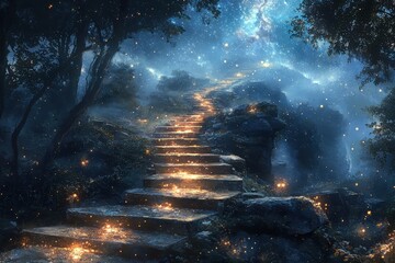 Surreal dreamscape with floating staircases enchanted forest digital art mystical night wide-angle view fantasy concept