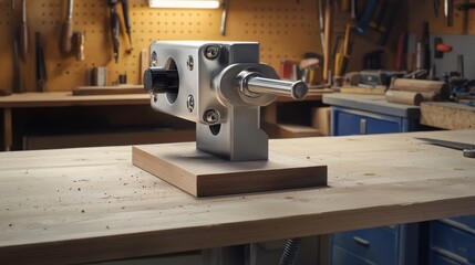 A precision metal machine part sits on a wooden workbench in a workshop, showcasing craftsmanship and industrial design.