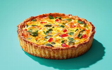 A savory quiche with vegetables and cheese, mid-motion on a turquoise backdrop