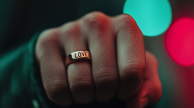 A close-up shot of a hand clenched into a fist, adorned with a ring bearing the word 'LOVE'.  The background features vibrant bokeh lights, creating a moody yet romantic atmosphere.