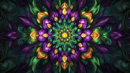 Obraz premium Vibrant Digital Mandala Art: Intricately Detailed, Jewel-Toned Fantasy Illustration. AI Generated