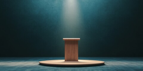 A wooden podium stands on a circular platform, illuminated by a focused spotlight against a dark backdrop, creating a dramatic presentation space.