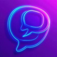 A vibrant neon blue speech bubble icon against a purple gradient background, symbolizing communication and connection.