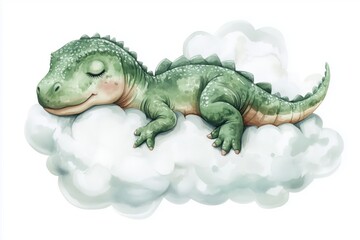 A charming watercolor illustration of a cute, little T-rex dinosaur sleeping peacefully on a fluffy white cloud. This artwork symbolizes dreams, innocence, and the wonder of childhood.