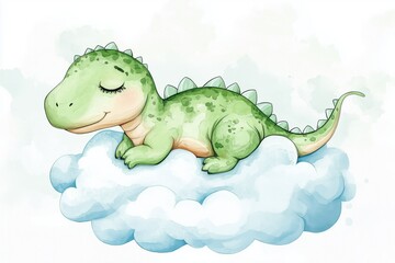 Obraz premium A charming watercolor illustration of a cute, little T-rex dinosaur sleeping peacefully on a fluffy white cloud. This artwork symbolizes dreams, innocence, and the wonder of childhood.